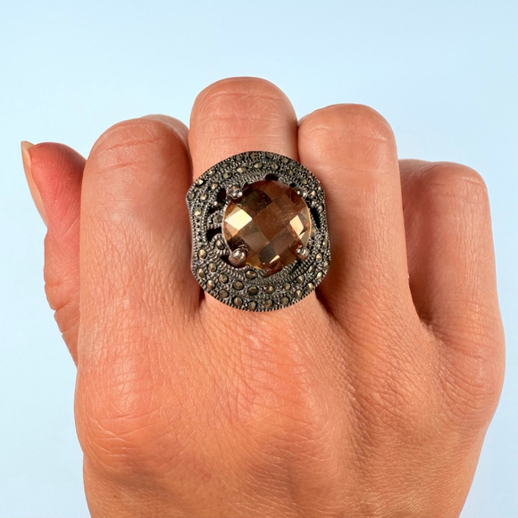 Art Deco Revival 5.5 CT Champagne Orange Quartz & Marcasite Sterling Silver Ring - Picture 10 of 12